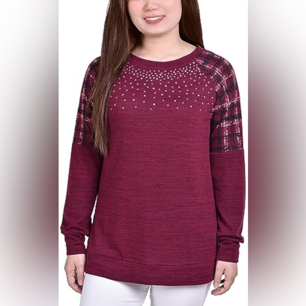 NY Collection Knit Top with Plaid Print Shoulders, 1X